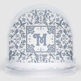 Blue Fancy Floral Pattern Monogrammed Schneekugeln