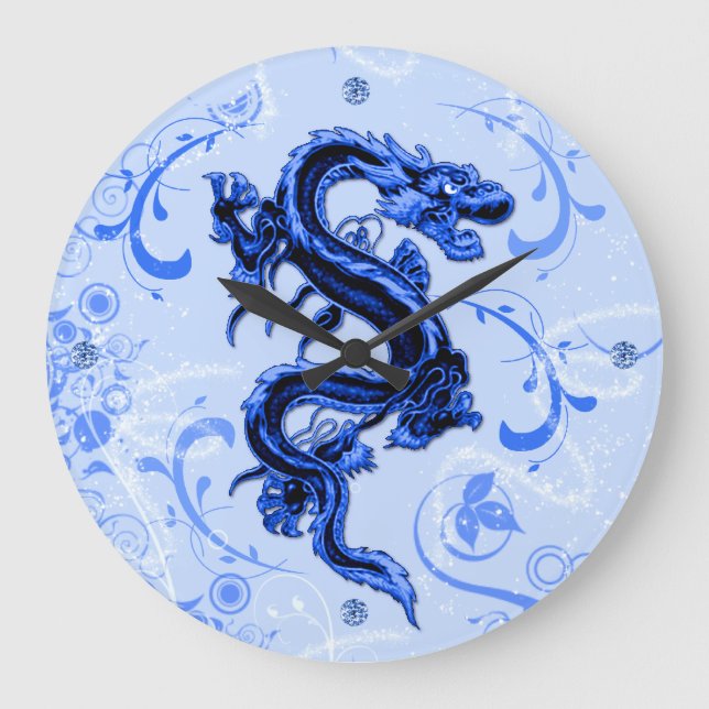 Blue Fantasy Dragon Wall Clock Große Wanduhr (Vorderseite)