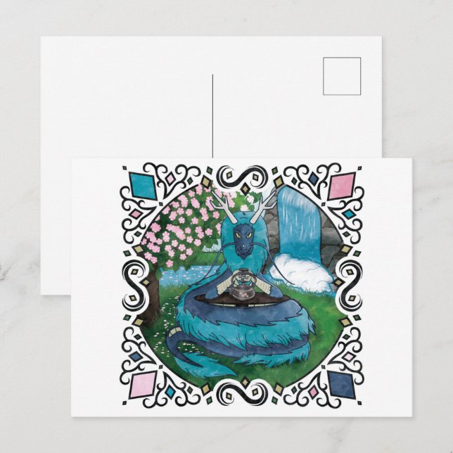 Blue Fantasy Eastern Dragon Tea Time Postkarte (Vorne/Hinten)