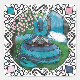 Blue Fantasy Eastern Dragon Tea Time Quadratischer Aufkleber