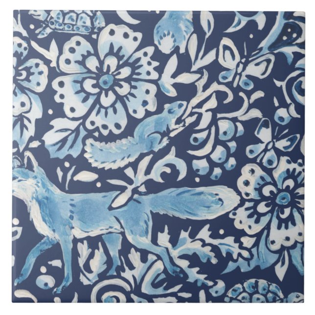 Blue Fantasy Forest Mural Woods Fox unten rechts Fliese (Vorderseite)