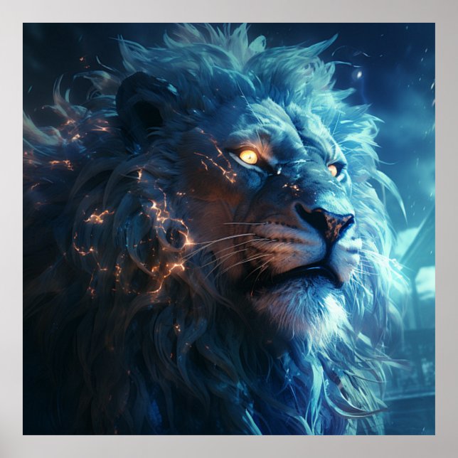 Blue Fantasy Lion Face mit Gold Eyes Poster (Vorne)