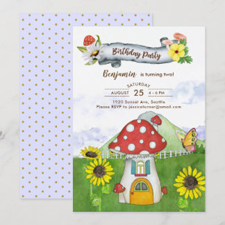 Blue Fantasy Woodland Toadstool House Fun Geburtst Einladung