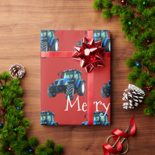 Blue Farm Tracker auf Red Christmas Geschenkpapier