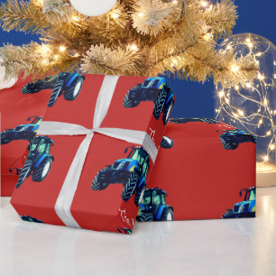 Blue Farm Tracker auf Red Christmas Wrapping Paper Geschenkpapier