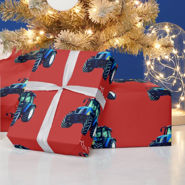 Blue Farm Tracker auf Red Christmas Wrapping Paper Geschenkpapier (Feiertage)