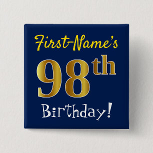 Blue, Faux Gold 98th Birthday, With Custom Name Button
