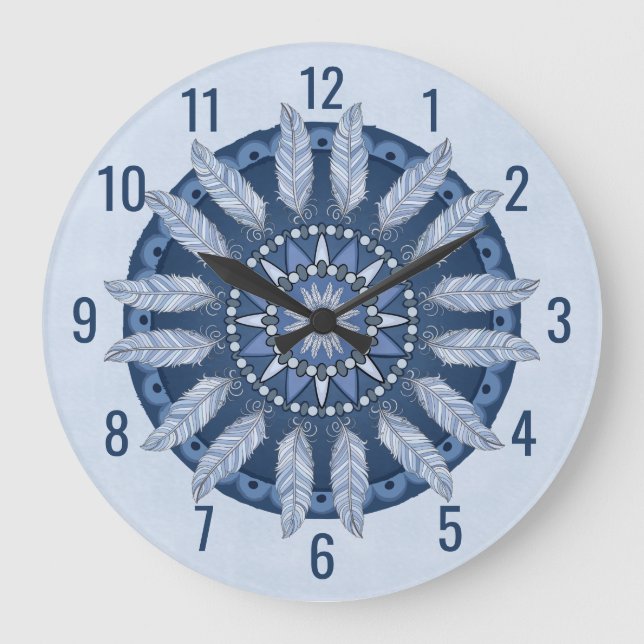 Blue Feather Mandala Große Wanduhr (Vorderseite)