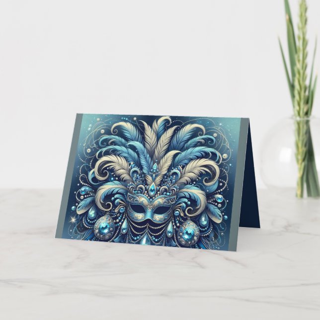 Blue Feather Masquerade Mask Illustration Karte (Vorderseite)