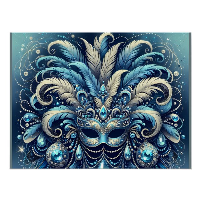 Blue Feather Masquerade Mask Illustration Poster (Vorderseite)