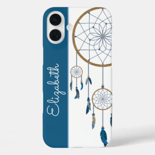 Blue Feathers Dreamcatcher Individuelle Name Boho iPhone 16 Plus Hülle