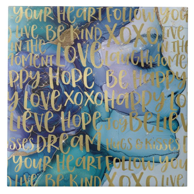 Blue Female Face Gold Inspiration Zitate Fliese (Vorderseite)