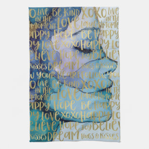 Blue Female Face Gold Inspiration Zitate Geschirrtuch