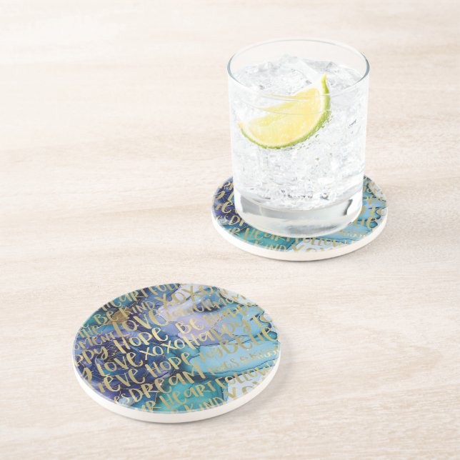 Blue Female Face Gold Inspiration Zitate Getränkeuntersetzer (Seite)