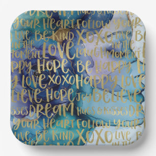 Blue Female Face Gold Inspiration Zitate Pappteller