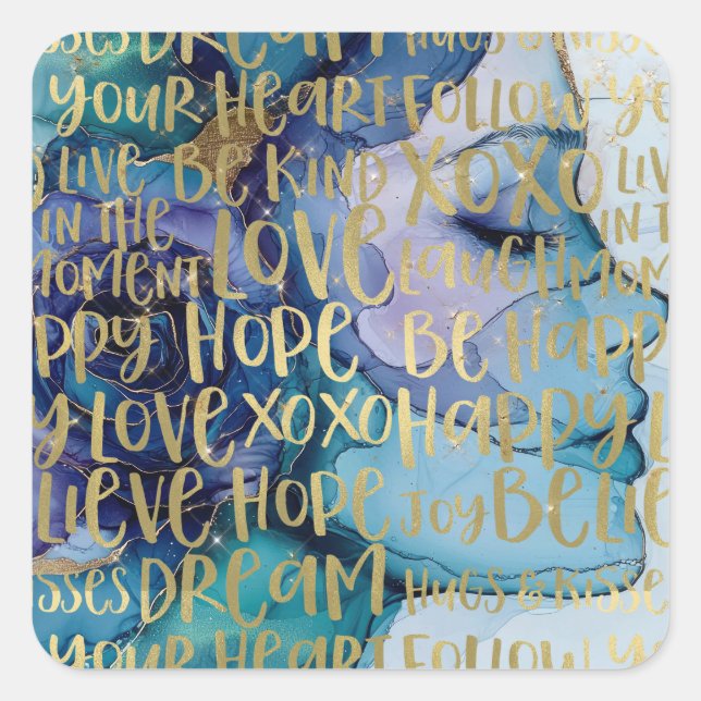 Blue Female Face Gold Inspiration Zitate Quadratischer Aufkleber (Vorderseite)