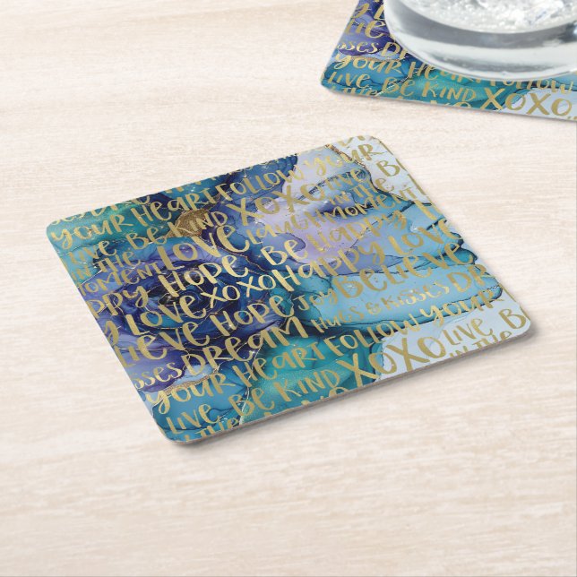 Blue Female Face Gold Inspiration Zitate Rechteckiger Pappuntersetzer (angewinkelt)