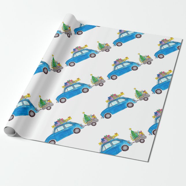 Blue Fiat 500 mit Weihnachtsgeschenken Wasserfarbe Geschenkpapier (Ungerollt)
