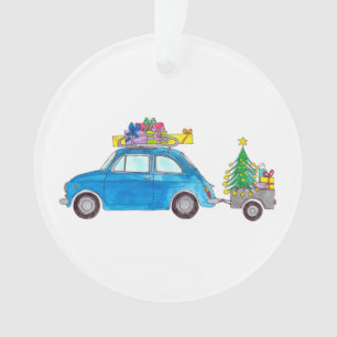 Blue Fiat 500 mit Weihnachtsgeschenken Wasserfarbe Ornament