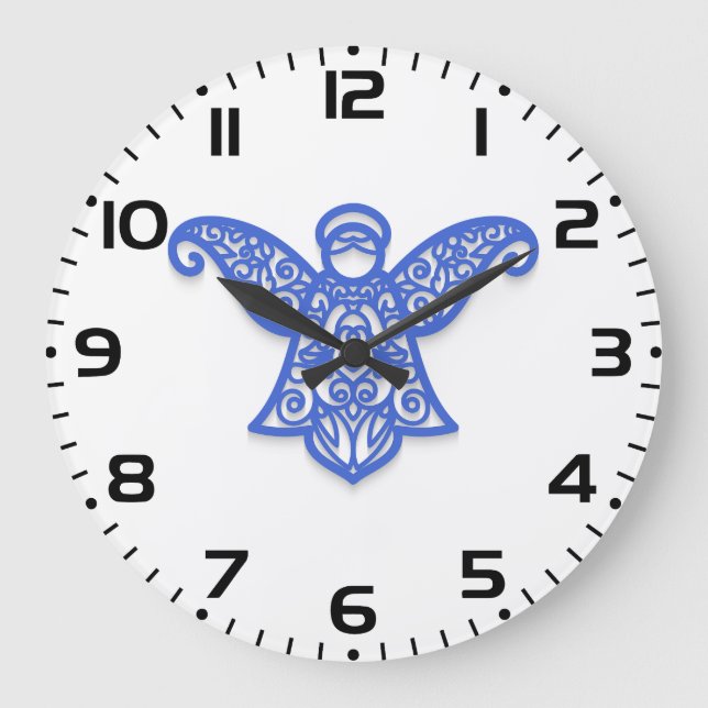 Blue Filigree Angel Silhouette Ornate Lace Große Wanduhr (Vorderseite)