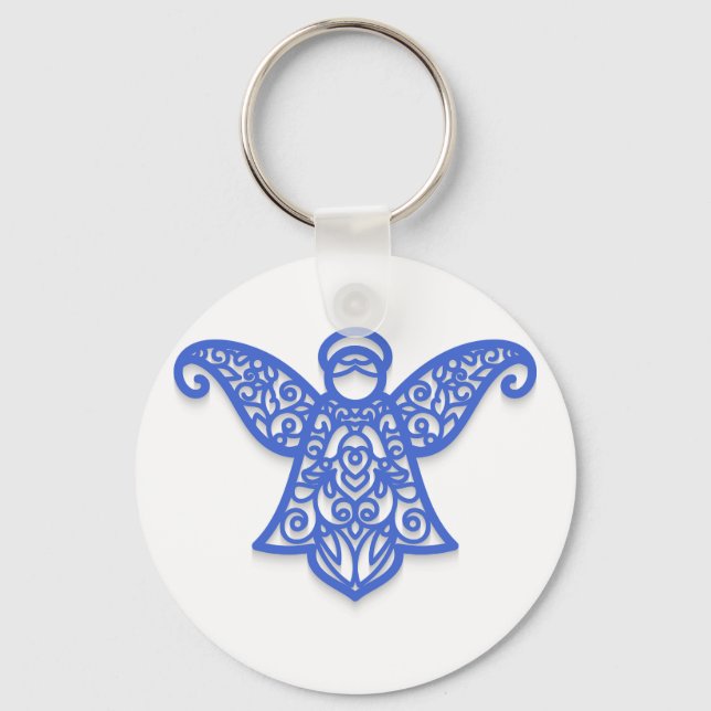 Blue Filigree Angel Silhouette Ornate Lace Schlüsselanhänger (Vorderseite)