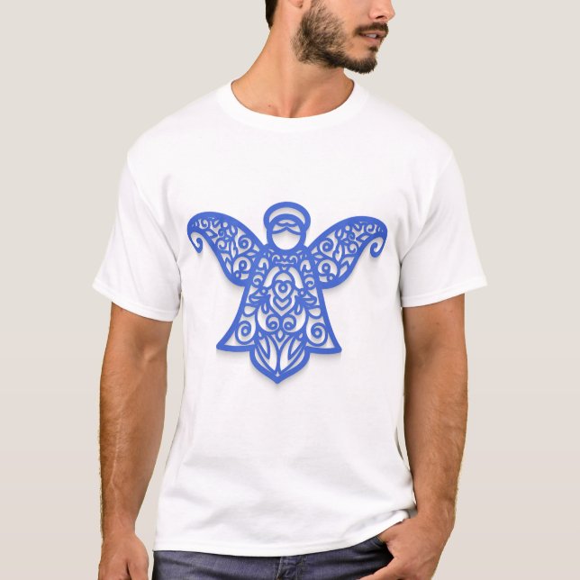 Blue Filigree Angel Silhouette Ornate Lace T-Shirt (Vorderseite)