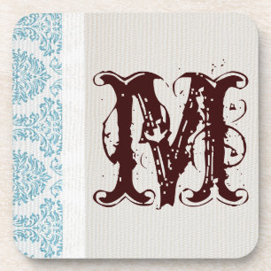 Blue Filigree Damask Monogram Drink Untersetzer