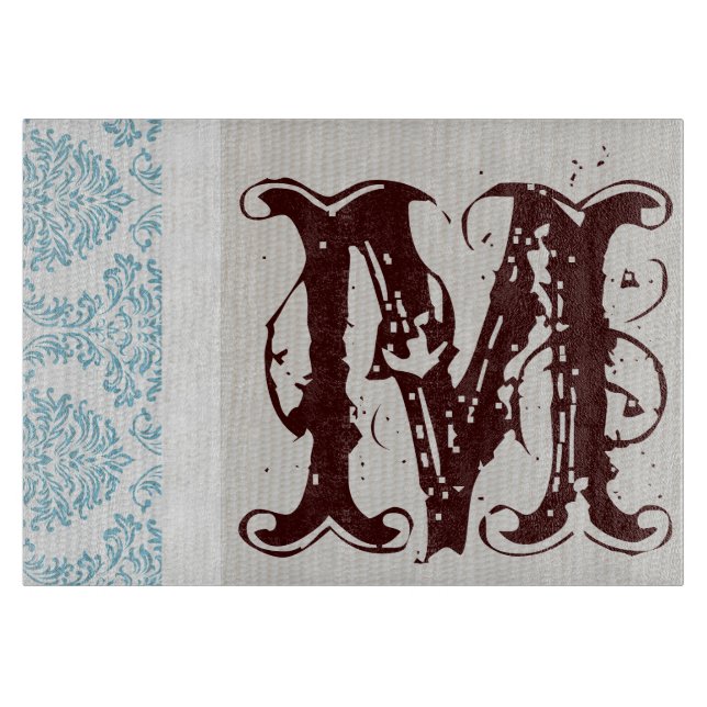 Blue Filigree Damask Monogram Glas Cutting Board Schneidebrett (Vorderseite)