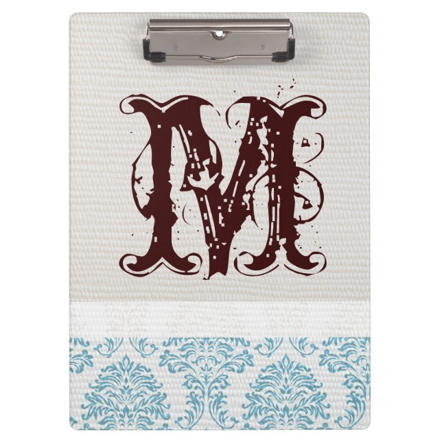 Blue Filigree Damask Monogram Initial Clip Board Klemmbrett (Vorderseite)