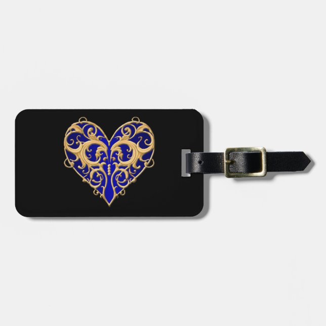 Blue Filigree Heart Luggage Tag Gepäckanhänger (Vorderseite horizontal)