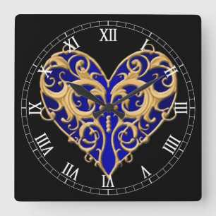 Blue Filigree Heart Roman Numeral Clock Quadratische Wanduhr