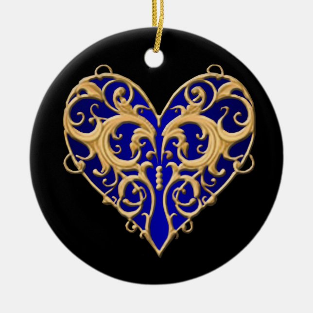 Blue Filigree Heart Round Ornament (Vorne)