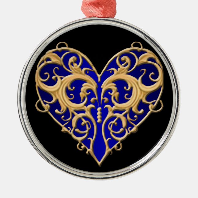 Blue Filigree Heart Round Ornament (Vorne)