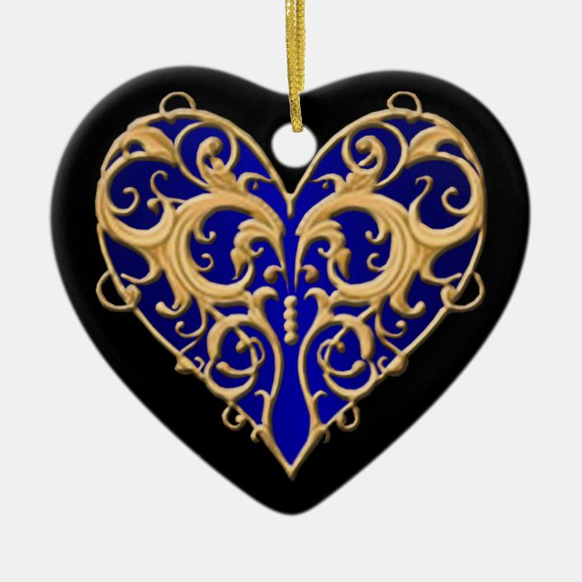 Blue Filigree Herz Keramik Ornament (Vorne)