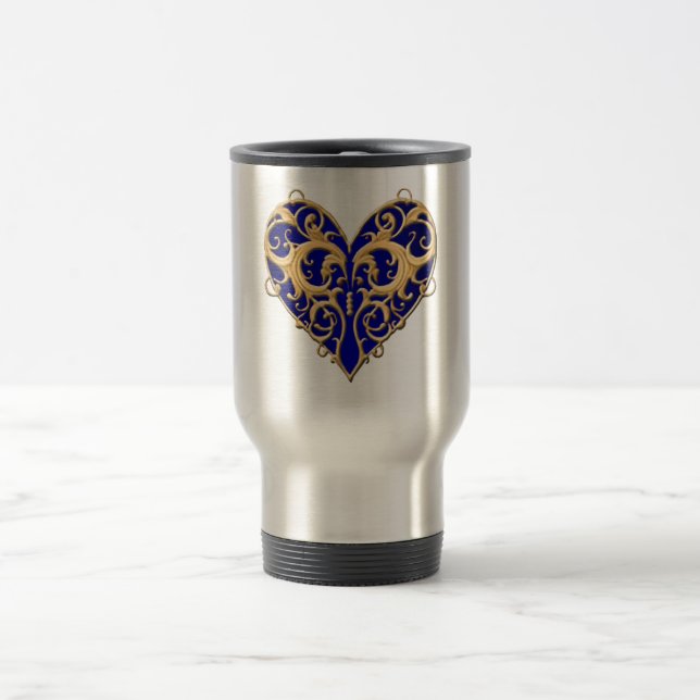 Blue Filigree Herz Travel Mug Reisebecher (Mittel)