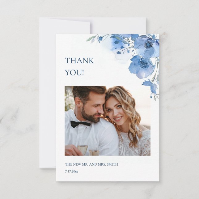 Blue Fine Art Flowers Wedding Thank You Card Dankeskarte (Vorderseite)