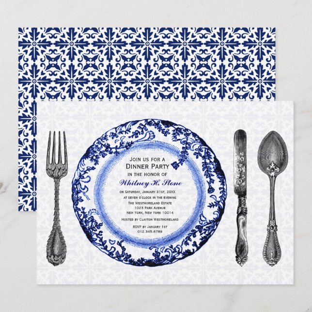 Blue Fine Dining Party Einladung (Vorne/Hinten)
