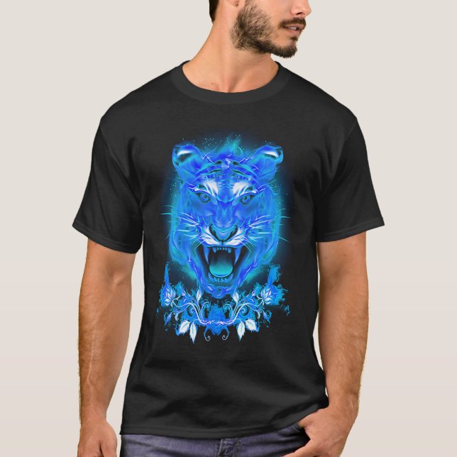 Blue Fire Flaming Tiger Cat T-Shirt (Vorderseite)