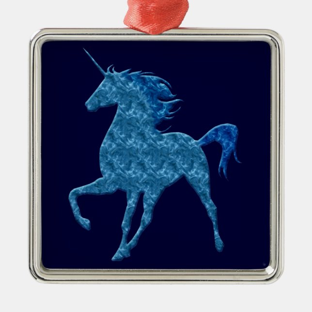Blue Fire Unicorn Square Ornament Aus Metall (Vorne)