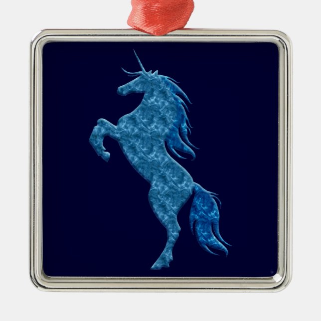 Blue Fire Unicorn Square Silbernes Ornament (Vorne)
