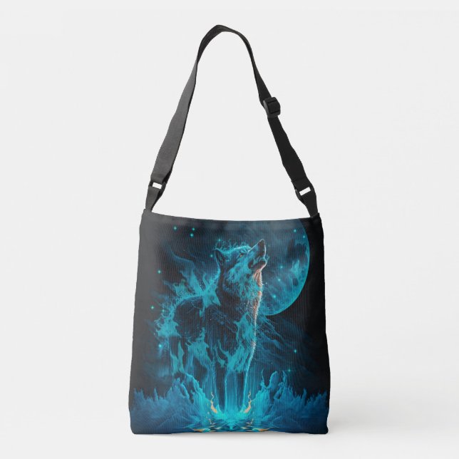 Blue Fire Wolf Tragetaschen Mit Langen Trägern (Rückseite)