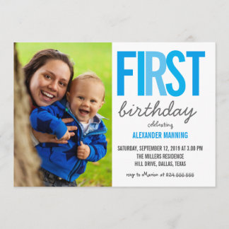 Blue First Birthday Typografy Polka Dots Foto Einladung