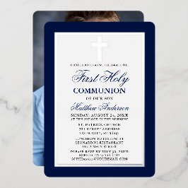 Blue First Holy Communion Foto Silver Frame Folieneinladung