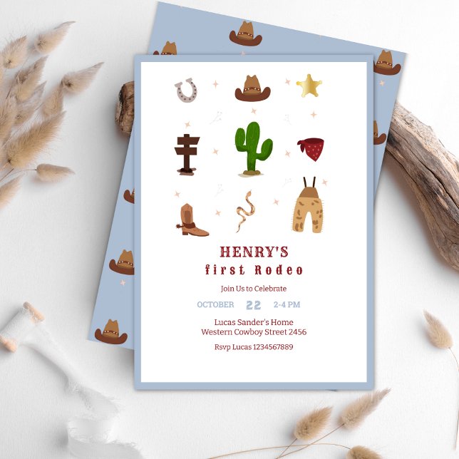 Blue First Rodeo Cowboy Kindergeburtstag Einladung (Von Creator hochgeladen)