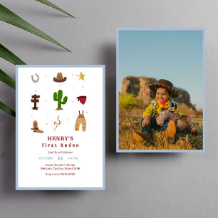 Blue First Rodeo Cowboy Kindergeburtstag Foto Einladung