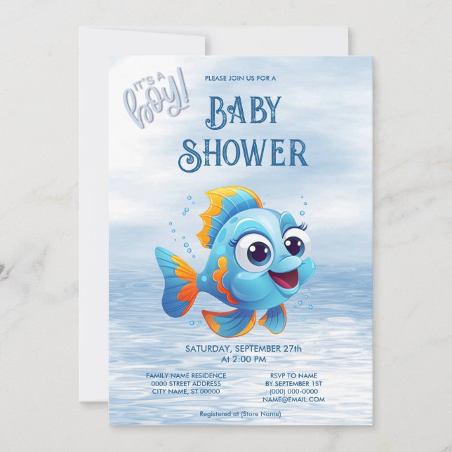 Blue Fish Baby Shower Einladung (Vorderseite)