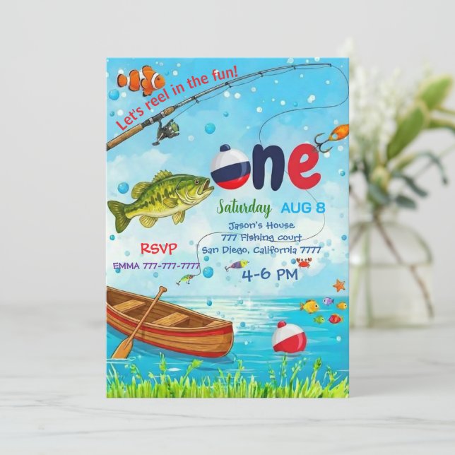 Blue Fish Boat Ofishally One 1st Birthday Invitati Einladung (Stehend Vorderseite)