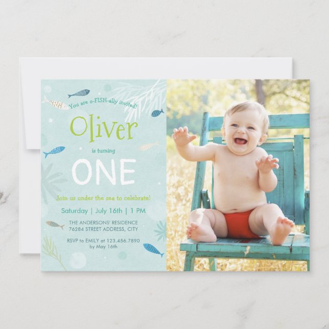 Blue Fish Kindergeburtstag Party Fotokarte Einladung (Vorderseite)
