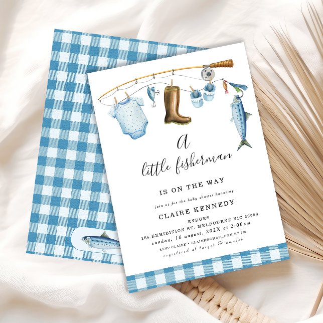 Blue Fishing Little Fisherman Baby Shower Einladung (A Little Fisherman Is On The Way Baby Shower Invitation, Fishing Themed Baby Shower Invite Boy)