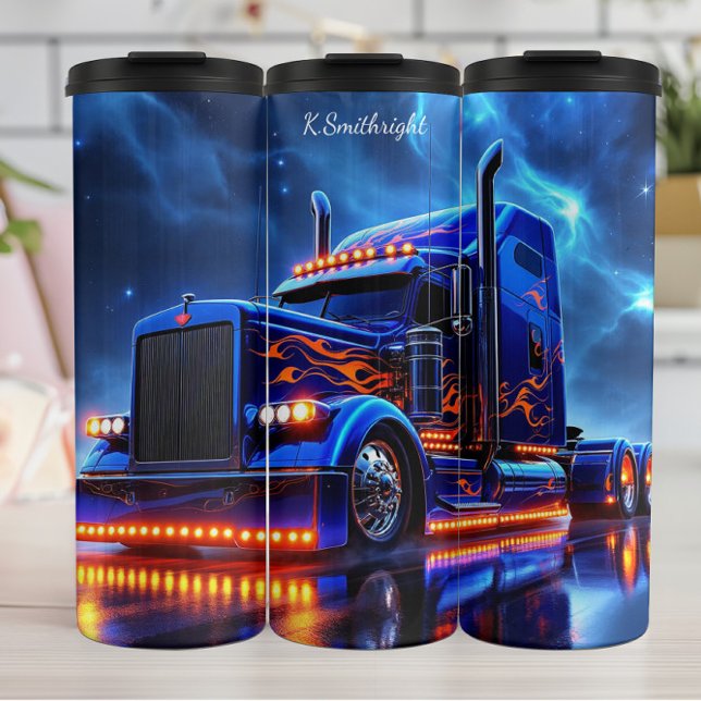Blue Flame Semi Truck Night Thermosbecher (Von Creator hochgeladen)